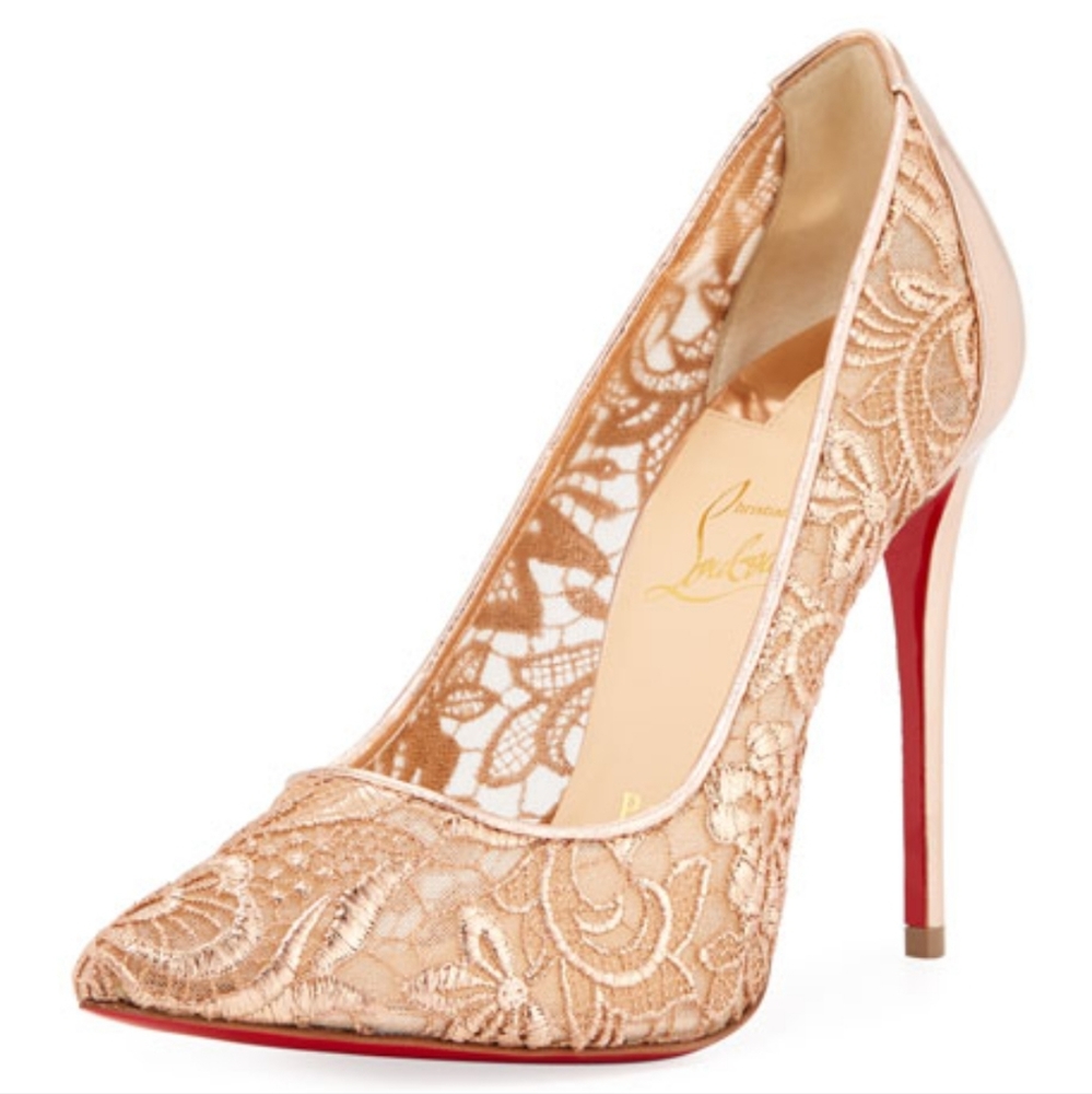 Christian Louboutin Rose Gold Metallic Lace Follies Size 37.5